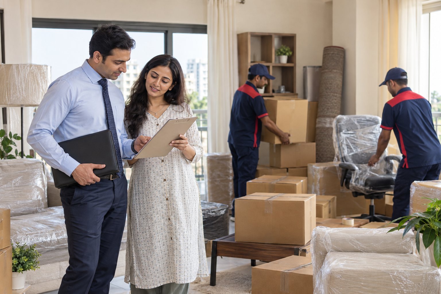 Bank employee household relocation with movers and packed furniture